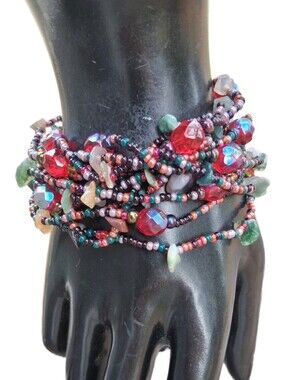 Vintage Multi-Strand Beaded Statement Bracelet Gemstone Chips Magnetic Clasp